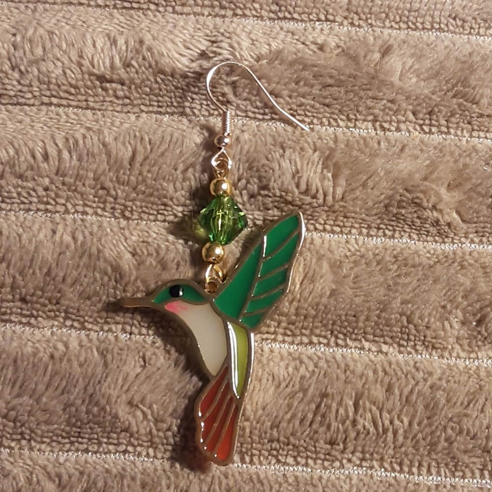 Handmade Humming Bird Stained Glass Looking Green Orange Earrings